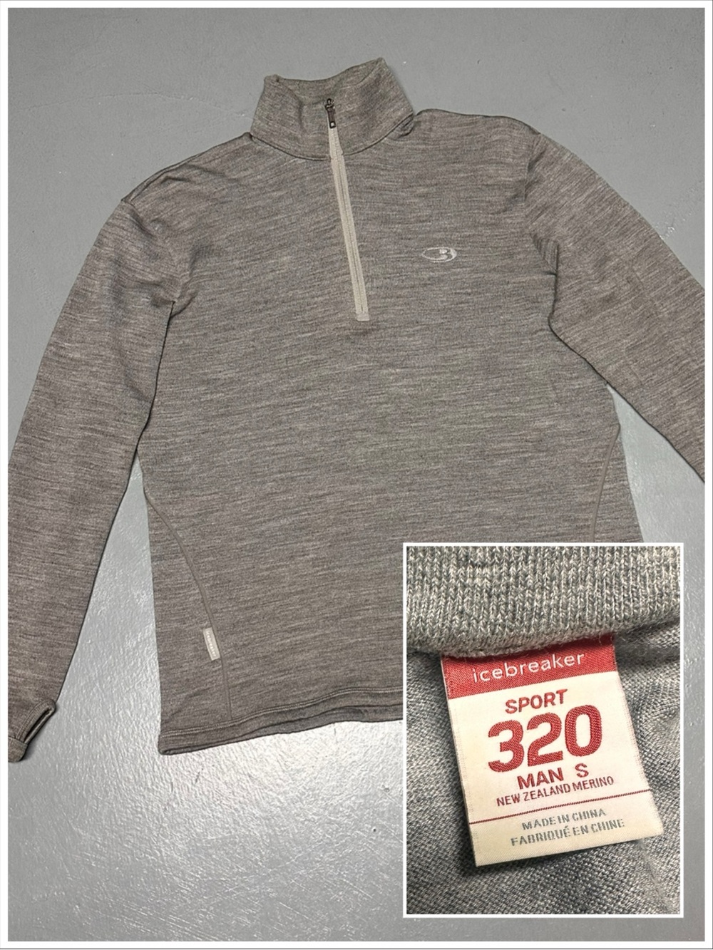 Icebreaker Sport 320 Merino Wool Quarter Zip Fine Knit Sweater Heather Grey